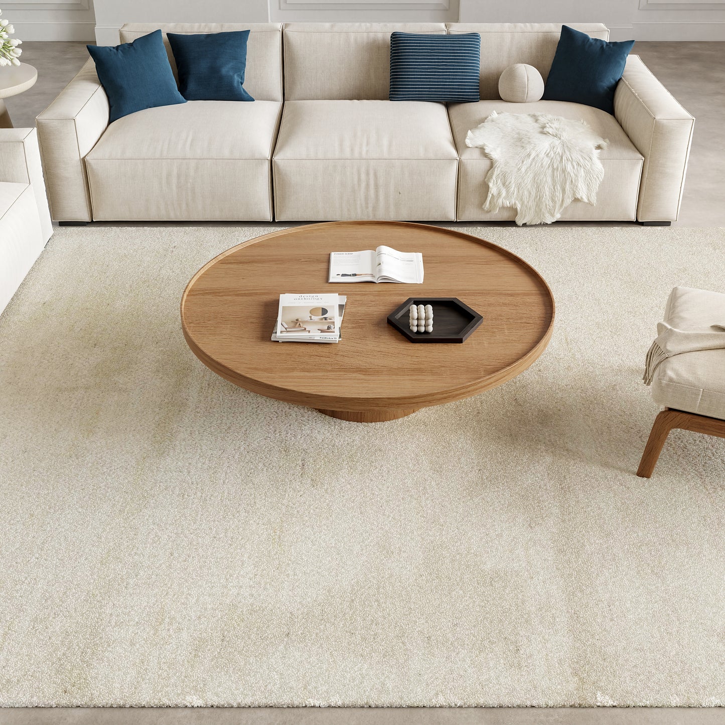 Beige rug on a light floor in a living room, with a round coffee table, open book and a black hex tray nearby.