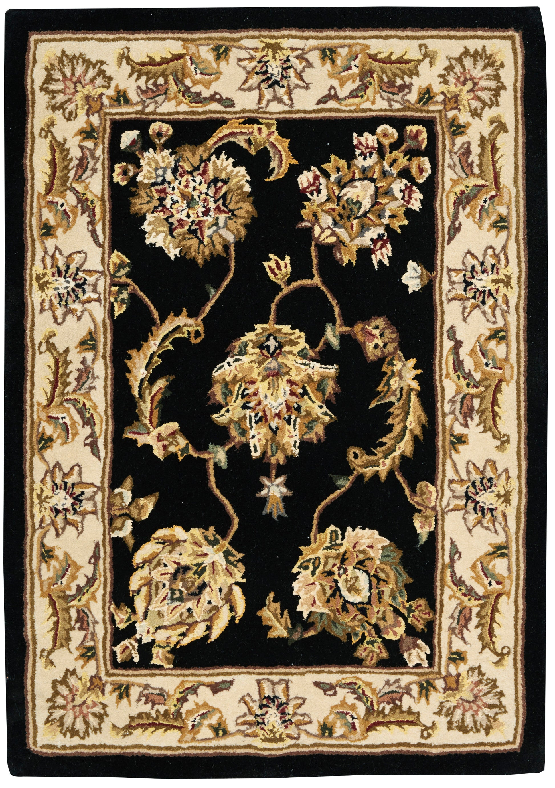 Rectangular traditional oriental rug with black center and ivory floral border; gold-toned vines.