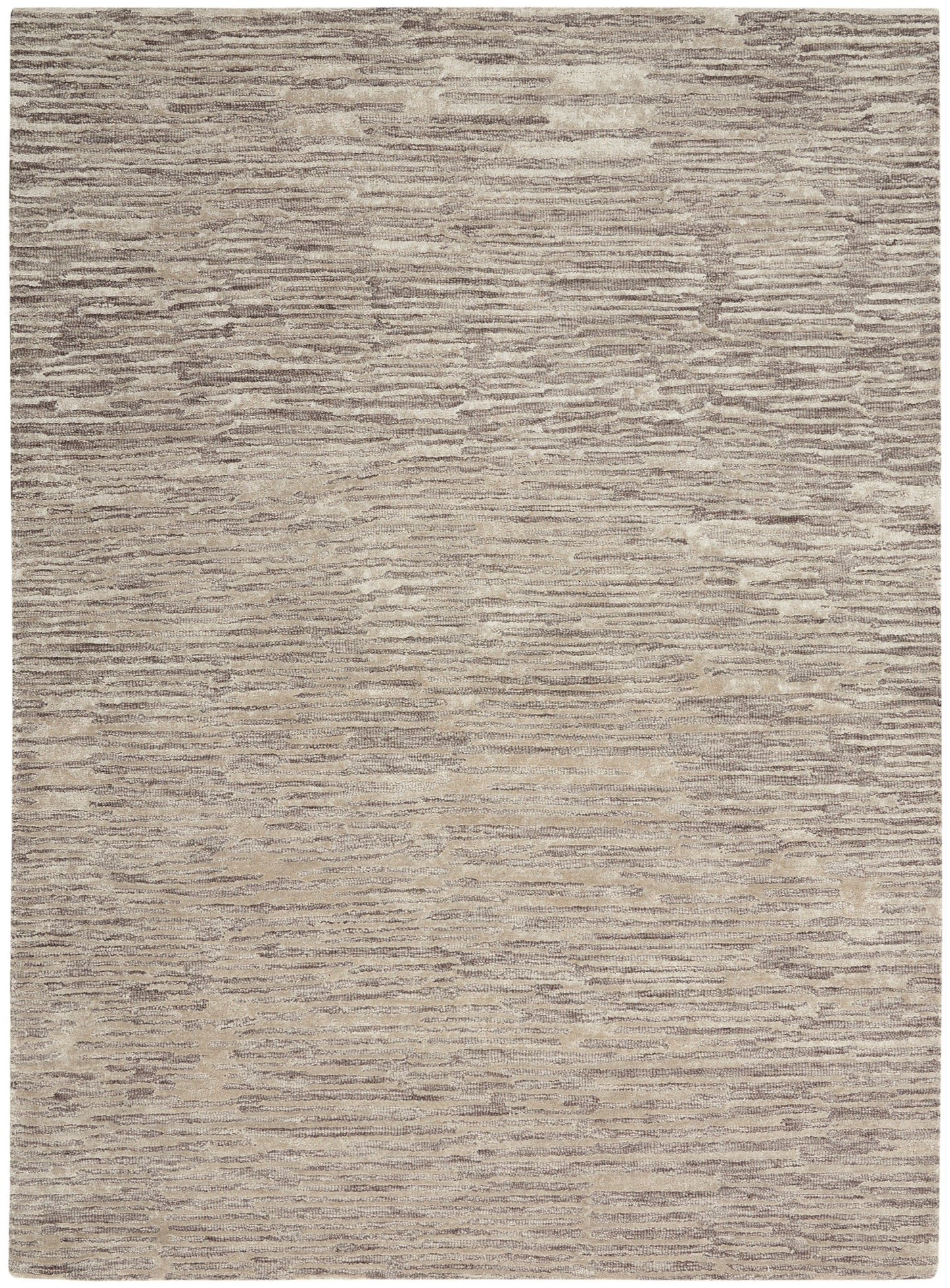 Rectangular beige and taupe rug with soft textured pile and muted horizontal stripe pattern.