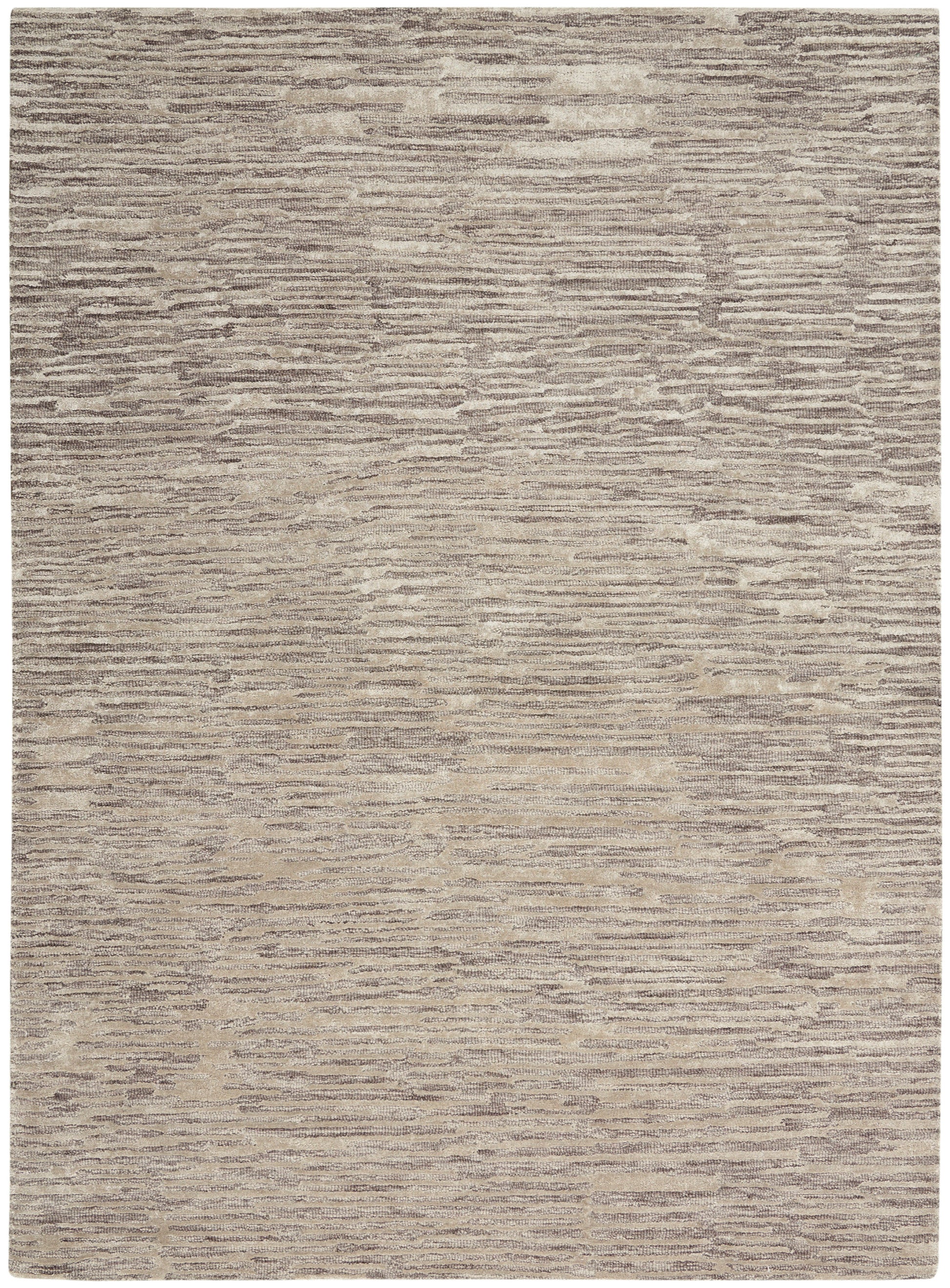 Rectangular beige and taupe rug with soft textured pile and muted horizontal stripe pattern.