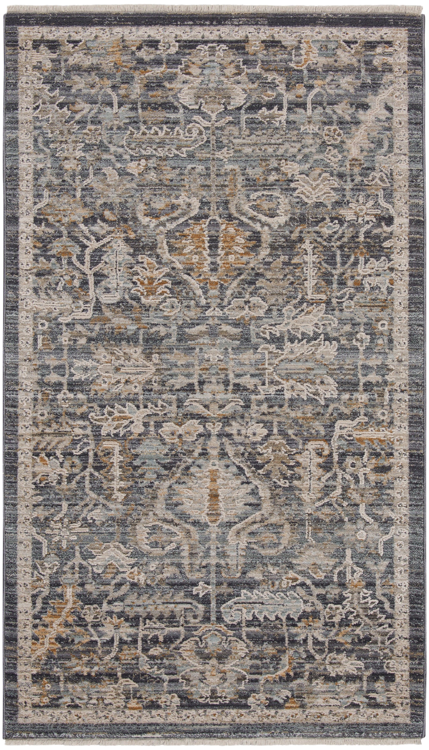 Blue-gray oriental rug with ivory and tan floral motifs, central medallion, dark border and fringed ends.