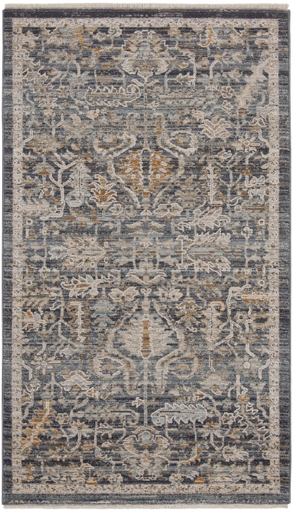 Blue-gray oriental rug with ivory and tan floral motifs, central medallion, dark border and fringed ends.