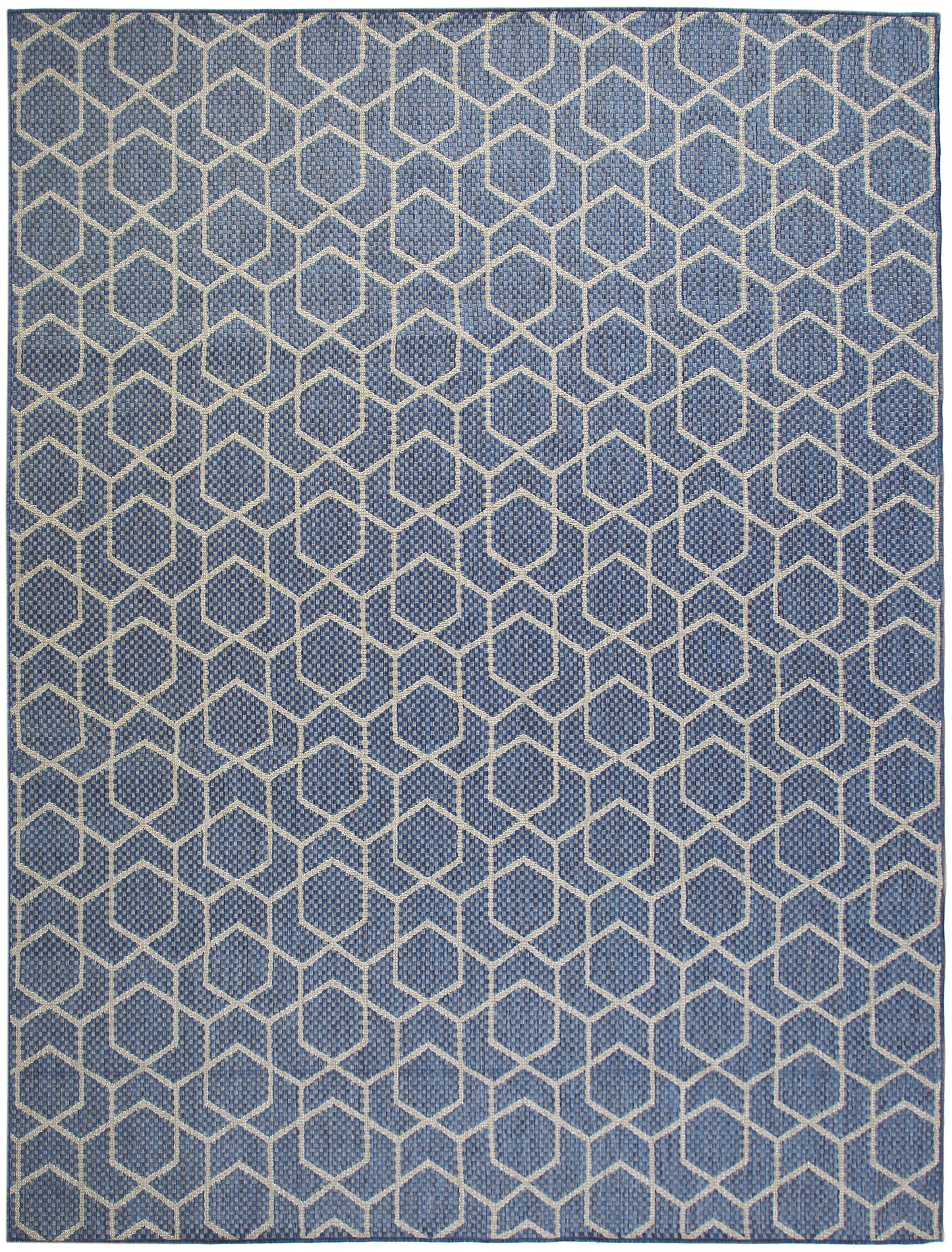 Blue rug with white hexagon honeycomb pattern; woven geometric texture, 8' x 10' rectangular modern decorative rug.