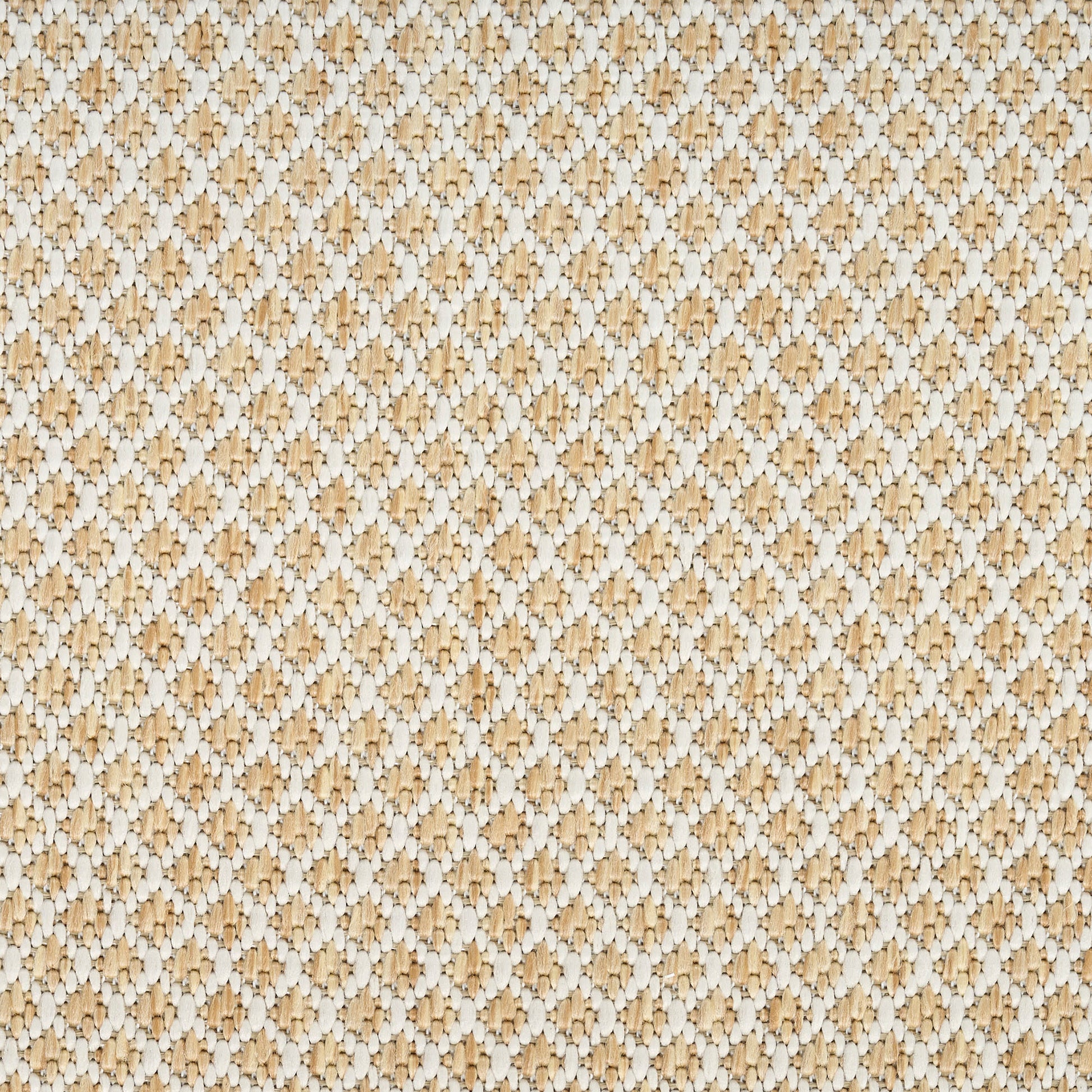 Close-up of beige and ivory woven natural fiber texture with small diamond pattern; rustic rug or placemat material.