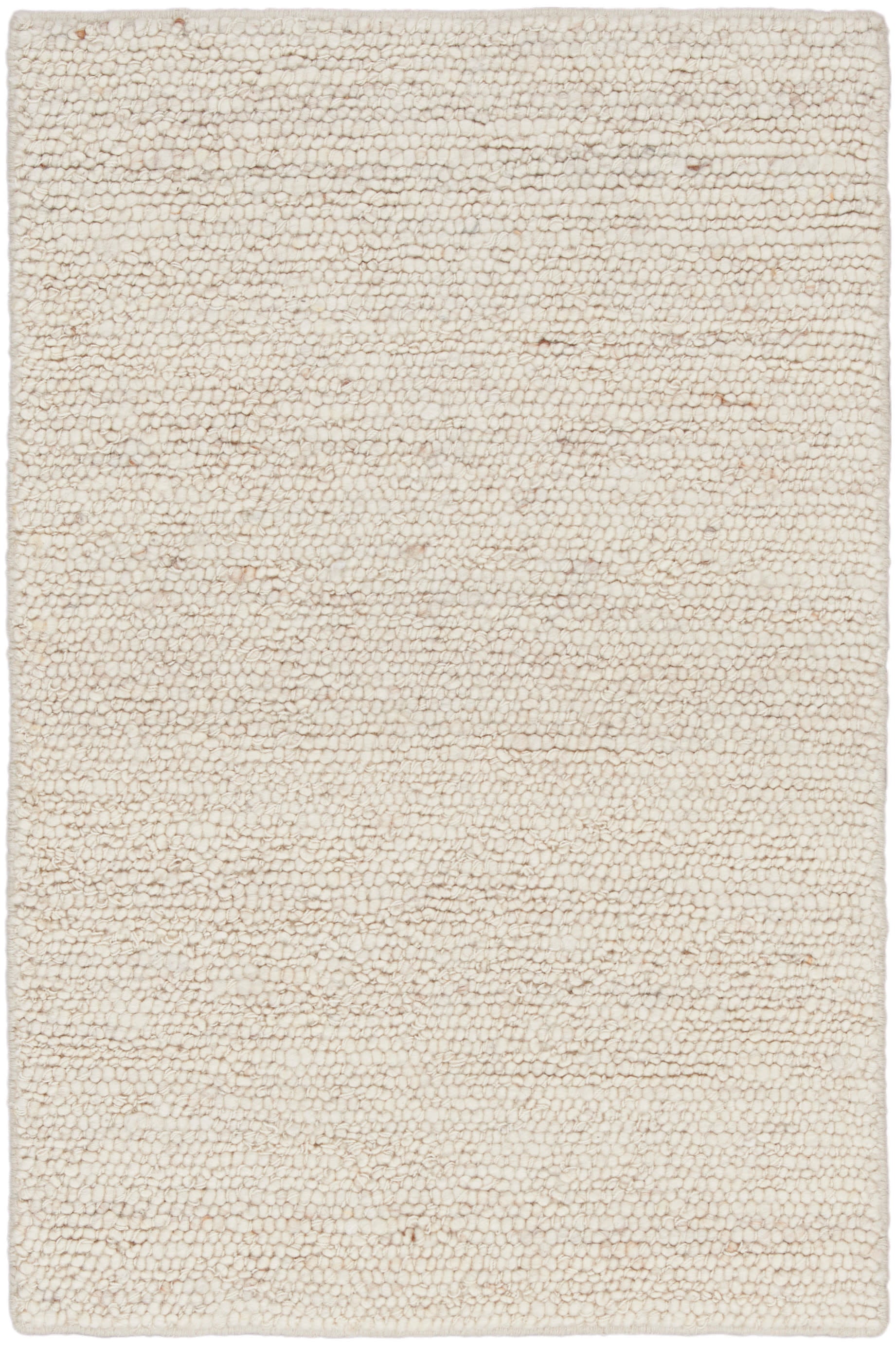Cream boucle shag rug with chunky, textured pile; rectangular, soft neutral beige.