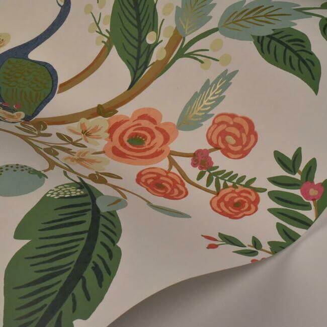 Garden Party Peel & Stick Wallpaper in Rose Multi featuring oversized floral bouquets, blooming roses, leafy greenery, and colorful fruit. Vibrant botanical wallpaper by Rifle Paper Co, perfect for accent walls, bedrooms, nurseries, home offices, apartments, and cottage-inspired interiors.