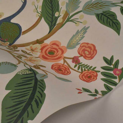 Garden Party Peel & Stick Wallpaper in Rose Multi featuring oversized floral bouquets, blooming roses, leafy greenery, and colorful fruit. Vibrant botanical wallpaper by Rifle Paper Co, perfect for accent walls, bedrooms, nurseries, home offices, apartments, and cottage-inspired interiors.