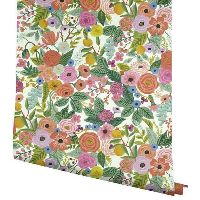 Garden Party Peel & Stick Wallpaper in Rose Multi featuring oversized floral bouquets, blooming roses, leafy greenery, and colorful fruit. Vibrant botanical wallpaper by Rifle Paper Co, perfect for accent walls, bedrooms, nurseries, home offices, apartments, and cottage-inspired interiors.