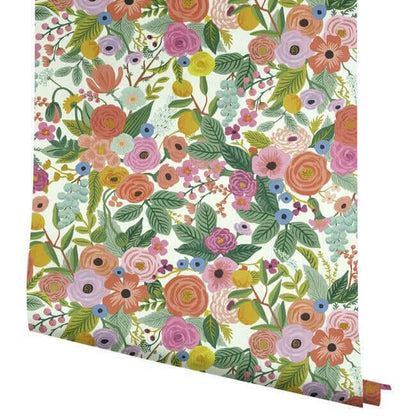 Garden Party Peel & Stick Wallpaper in Rose Multi featuring oversized floral bouquets, blooming roses, leafy greenery, and colorful fruit. Vibrant botanical wallpaper by Rifle Paper Co, perfect for accent walls, bedrooms, nurseries, home offices, apartments, and cottage-inspired interiors.