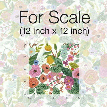 Garden Party Peel & Stick Wallpaper in Rose Multi featuring oversized floral bouquets, blooming roses, leafy greenery, and colorful fruit. Vibrant botanical wallpaper by Rifle Paper Co.