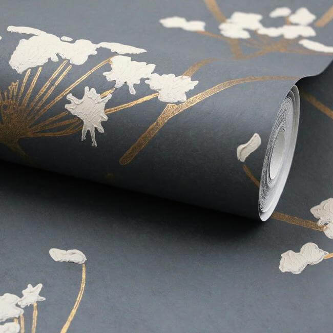 Enchanted Wallpaper in Anchor Grey featuring delicate long-stemmed wildflowers on a textured handmade paper-inspired background. This elegant botanical wallpaper adds soft floral charm and natural beauty to bedrooms, living rooms, dining rooms, accent walls, and cottagecore-inspired interiors.