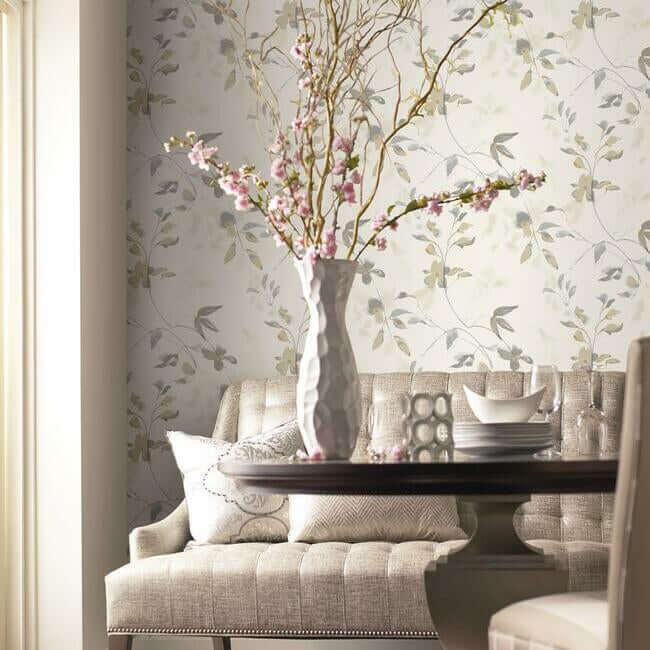 Soft Neutral Linden Flower Wallpaper featuring watercolor garden flowers, delicate botanical details, and subtle metallic accents. Elegant floral wallpaper for cottagecore, farmhouse, traditional, and modern interiors. Ideal for bedrooms, living rooms, dining rooms, powder rooms, and feature walls with neutral beige and cream tones.