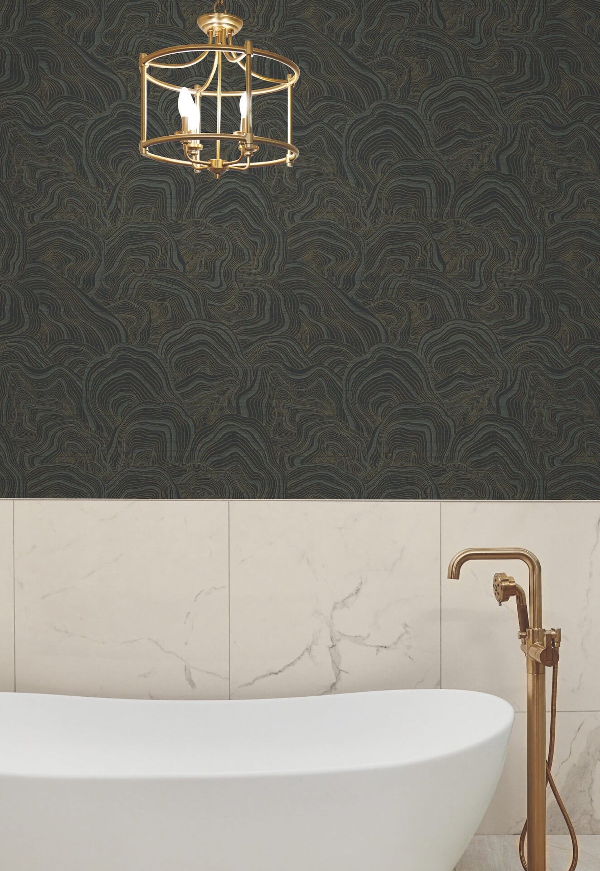 Black Geodes wallpaper with organic layered formations inspired by natural stone and mineral crystals. Each overlapping shape is accented with warm rose gold metallic details, creating a sophisticated luxury wallpaper design with depth and luminous dimension.