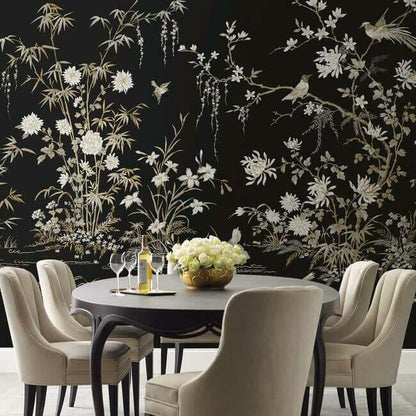 Black Chinoiserie wall mural featuring an Asian-inspired wetland landscape with flowering vines, botanical foliage, birds, and a subtle metallic shimmer, creating a luxurious traditional statement wall.