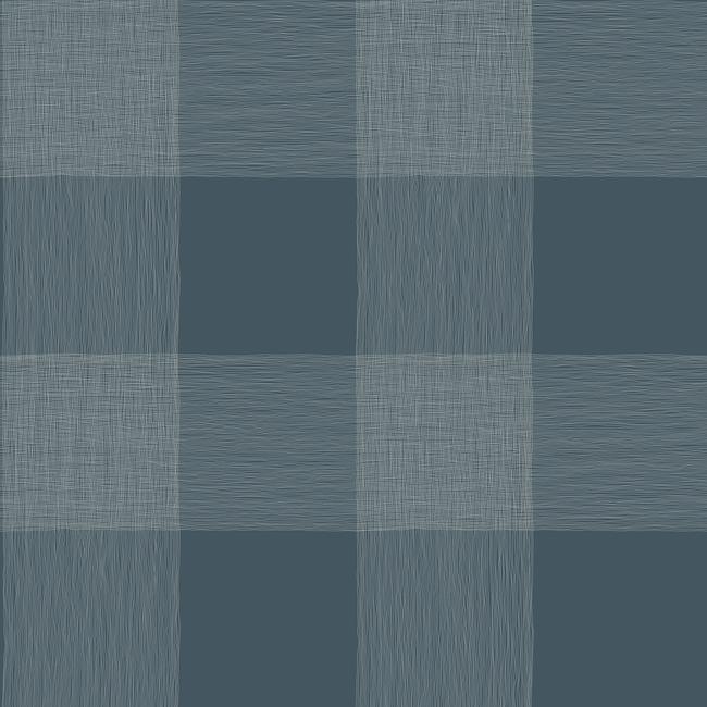 Navy and white plaid wallpaper with textured crosshatched lines and a linen-like finish.