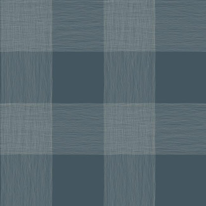 Navy and white plaid wallpaper with textured crosshatched lines and a linen-like finish.