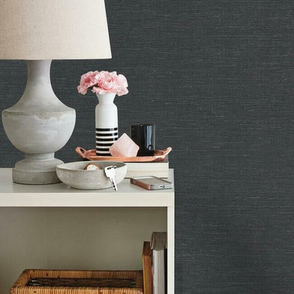 Essence blue metallic grasscloth wallpaper with textured vinyl non woven surface for luxury interior design, modern accent walls, and high end home decor.