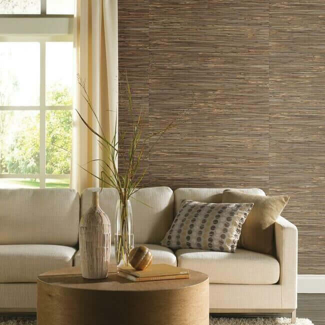 Black and beige River Grass grasscloth wallpaper by York Wallcoverings NZ0786 featuring natural woven fibers, organic textured surface, and luxury neutral design ideal for modern feature walls and high-end interior decor.