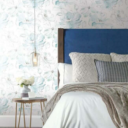 Blue and green floral wallpaper with oversized softly sketched blossoms in pastel and neutral tones on a white background, creating an airy botanical design for cottage, traditional, vintage, and romantic home interiors.