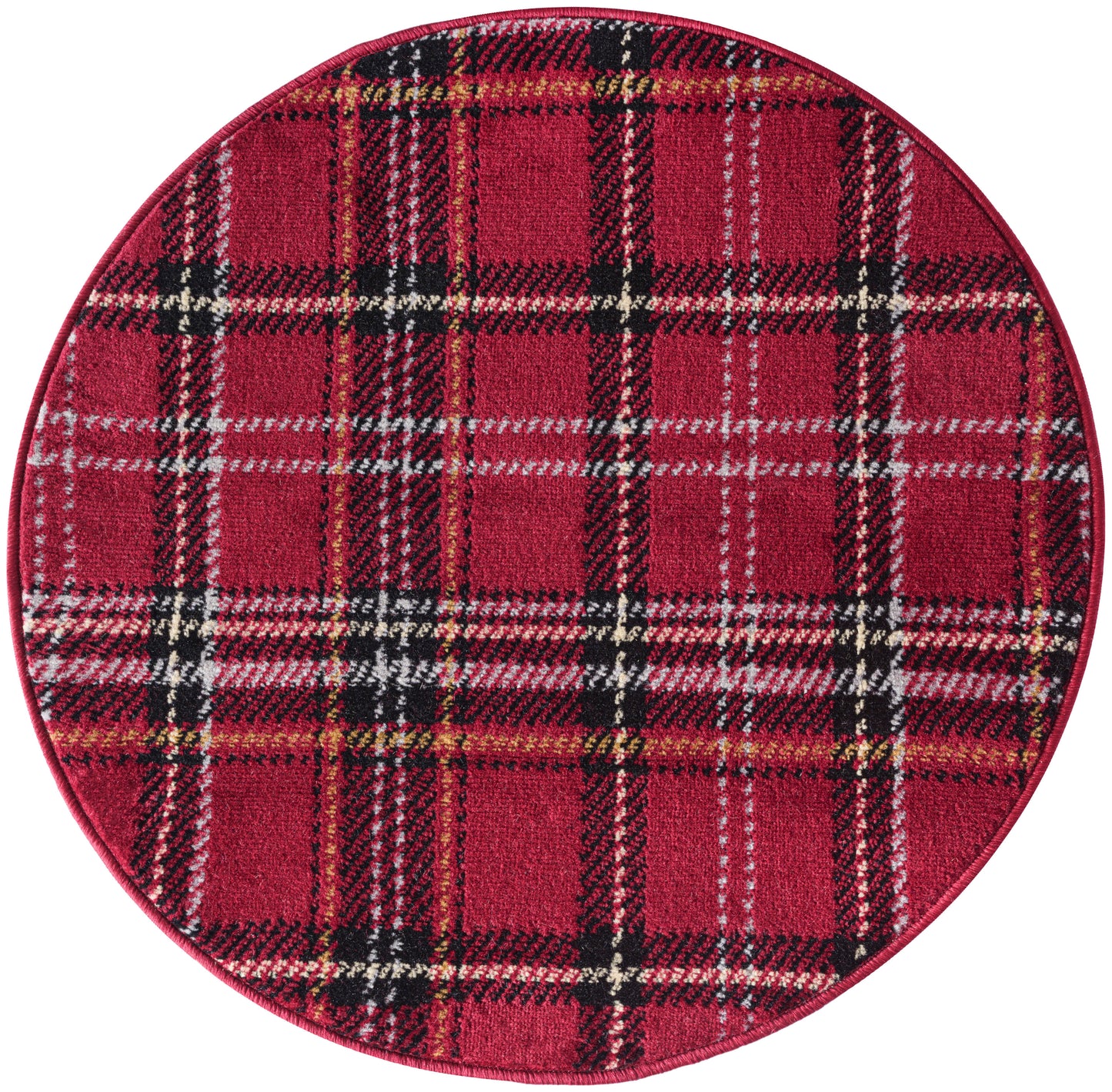 Round red plaid rug with black, white, and yellow checks; tartan-style.
