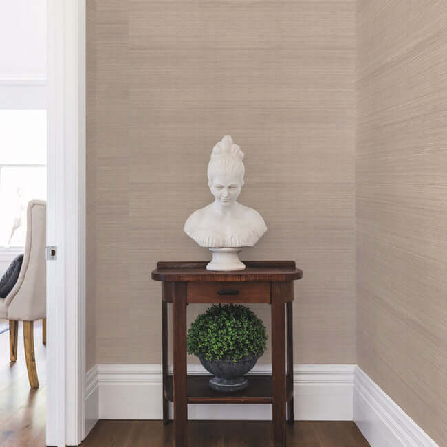 Pale gray grasscloth wallpaper by York Wallcoverings VG4406 with finely woven natural fibers, soft textured finish, and neutral luxury design for modern organic interior feature walls.