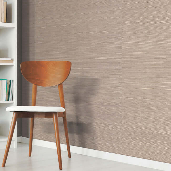 Pale gray grasscloth wallpaper by York Wallcoverings VG4406 with finely woven natural fibers, soft textured finish, and neutral luxury design for modern organic interior feature walls.