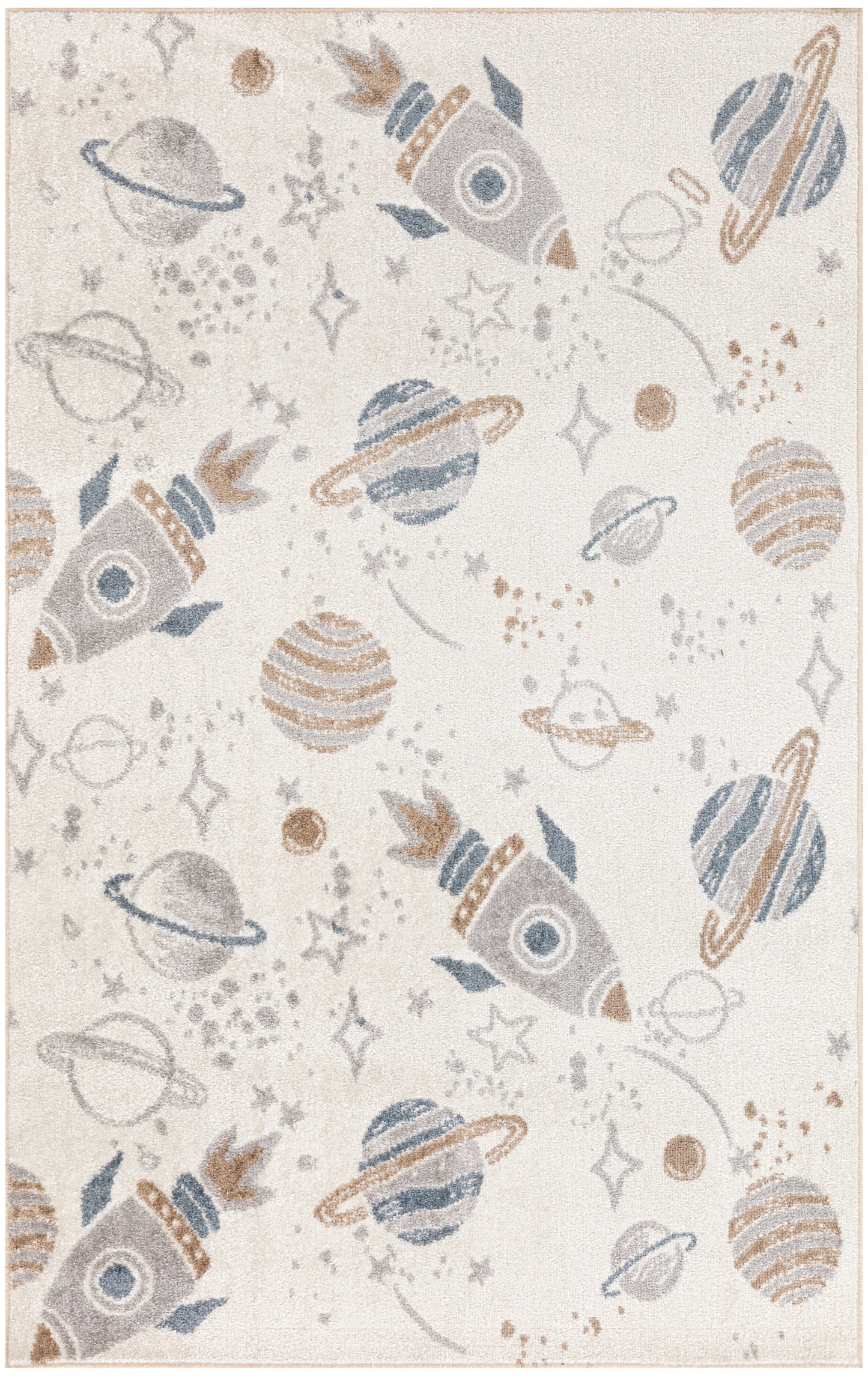 Space-themed rug with retro rockets, planets & stars in blue, tan & beige on an off-white background.