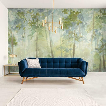 Blue wall mural depicting a forest landscape in blue tones.