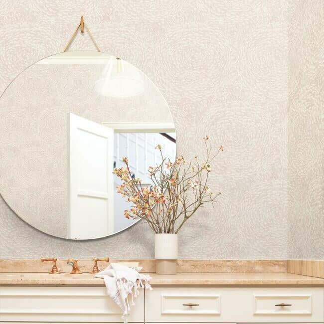 Floret Wallpaper in Blush featuring soft pink floral blossoms made of layered petals, creating a romantic botanical design. Ideal for bedrooms, nurseries, powder rooms, accent walls, and cottagecore-inspired interiors.