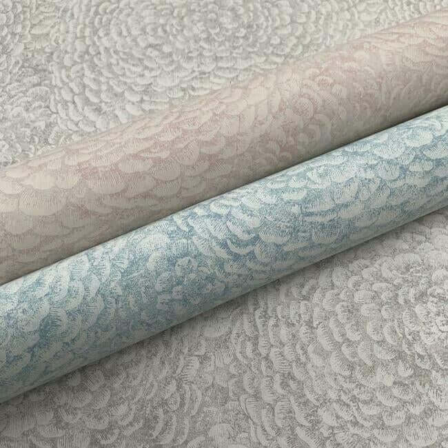 Floret Wallpaper in Blush featuring layers of soft pink petals forming delicate floral blossoms across the wall. This elegant botanical wallpaper adds romantic charm and subtle texture to bedrooms, nurseries, living rooms, powder rooms, and cottagecore-inspired interiors.