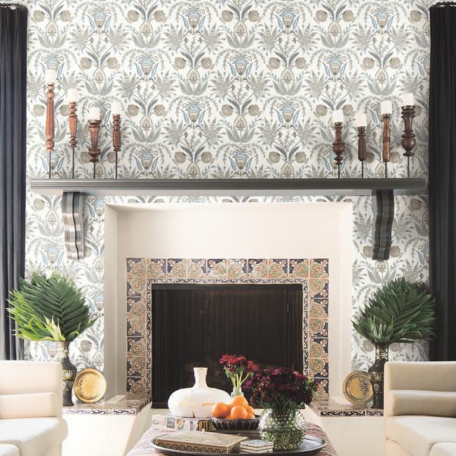 York Wallcoverings “Seaside Jacobean” wallpaper (MN1915) in taupe and blue, featuring elegant Jacobean floral vines inspired by Mediterranean wildflowers on an easy-to-install prepasted Sure Strip material.