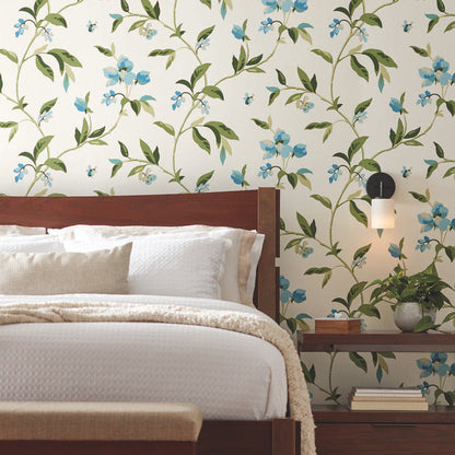 Greenhouse Springtime wallpaper (pattern GO8283) in blue and green — delicate blossoms, butterflies, and bees over a botanical background on prepasted SureStrip™ paper — floral, garden‑inspired wallcovering ideal for fresh, nature‑themed interiors