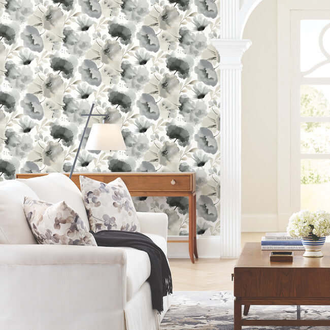 Watercolor Bouquet Wallpaper in Charcoal featuring soft painterly florals in black, white, and neutral tones with a flowing watercolor gradient design. Elegant non-woven floral wallpaper ideal for modern, transitional, and classic interiors including living rooms, bedrooms, dining rooms, offices, and accent walls. Designer wallcovering with a timeless botanical aesthetic available at Primoends.