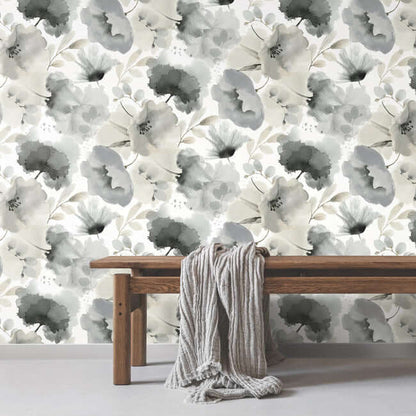 Watercolor Bouquet Wallpaper in Charcoal featuring soft painterly florals in black, white, and neutral tones with a flowing watercolor gradient design. Elegant non-woven floral wallpaper ideal for modern, transitional, and classic interiors including living rooms, bedrooms, dining rooms, offices, and accent walls. Designer wallcovering with a timeless botanical aesthetic available at Primoends.