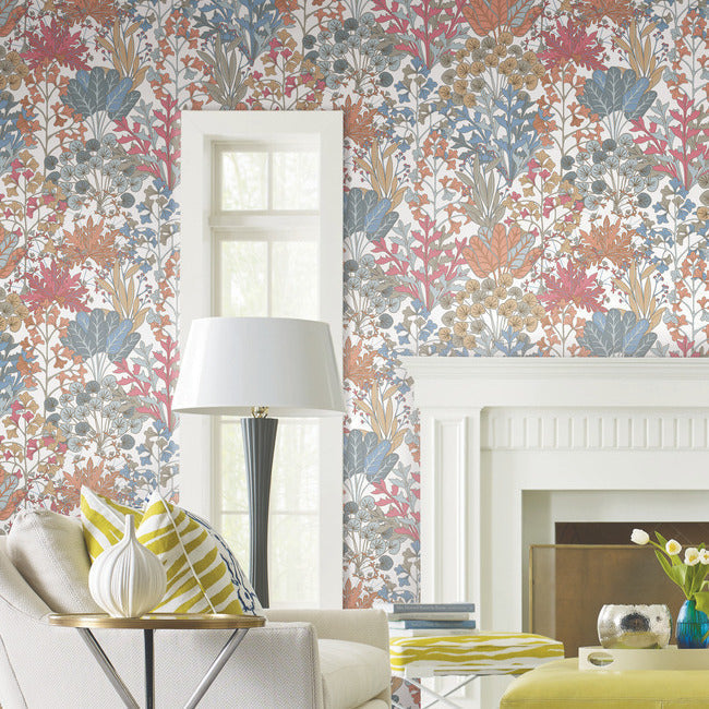 Large‑scale botanical wallpaper in coral and blue on white by York Wallcoverings, pattern BL1813 Forest Floor, non‑woven, washable and strippable.