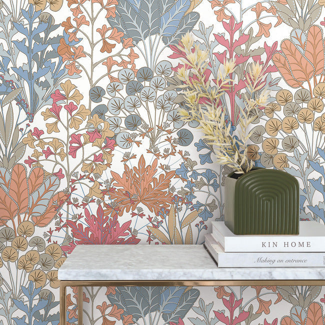 Large‑scale botanical wallpaper in coral and blue on white by York Wallcoverings, pattern BL1813 Forest Floor, non‑woven, washable and strippable.