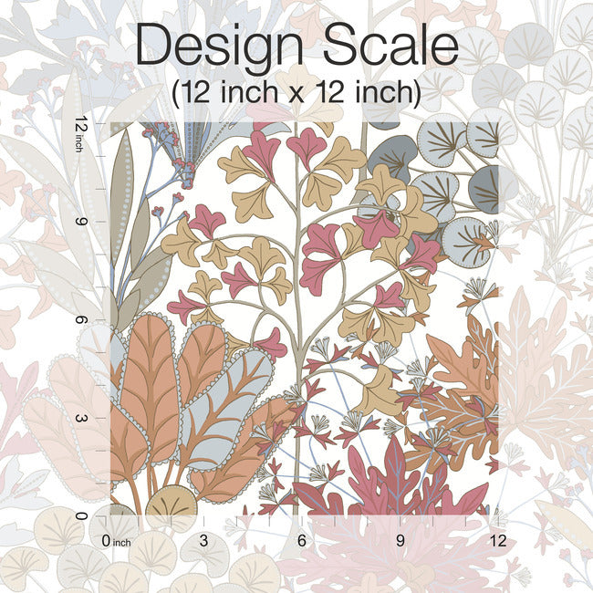 Large‑scale botanical wallpaper in coral and blue on white by York Wallcoverings, pattern BL1813 Forest Floor, non‑woven, washable and strippable.