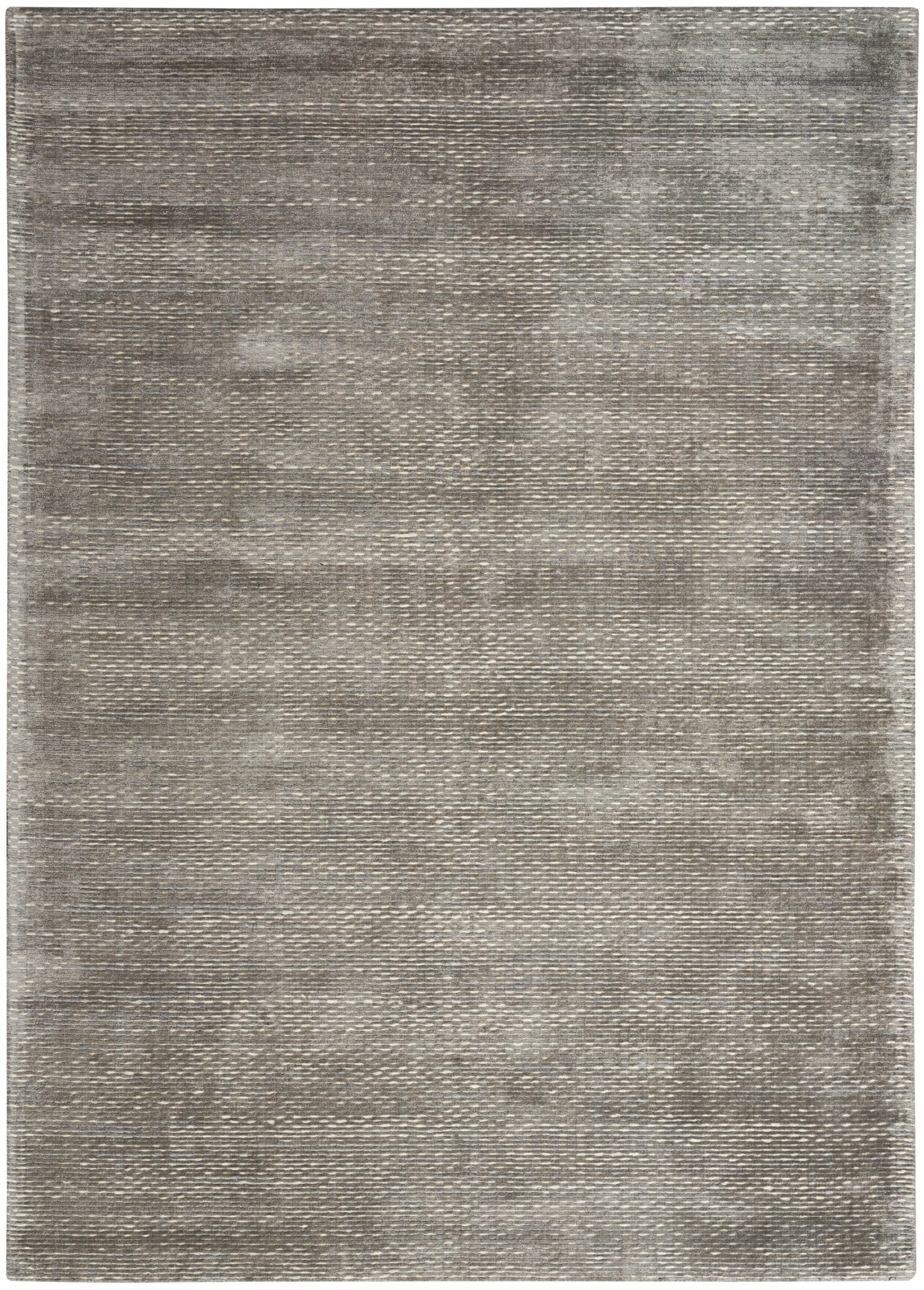 Neutral gray, low-pile flat-weave rug with subtle distressed pattern & taupe tones.