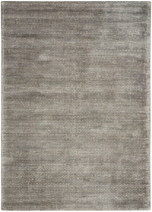 Neutral gray, low-pile flat-weave rug with subtle distressed pattern & taupe tones.