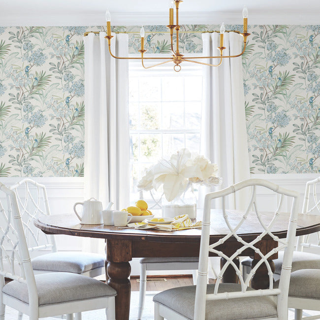 York Wallcoverings Handpainted Songbird peel and stick wallpaper featuring colorful birds perched on branches with blossoms, accented with turquoise on a soft canvas-inspired background. Removable floral and bird wallpaper ideal for living room accent walls, bedrooms, offices, and nature-inspired home décor.