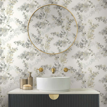Candice Olson Blossom Fling Wallpaper in Steel with loose, painterly floral branches, soft gray blossoms, warm neutral flower centers, and delicate stems against a light background. Perfect for refined bedroom, dining room, and living room decor.