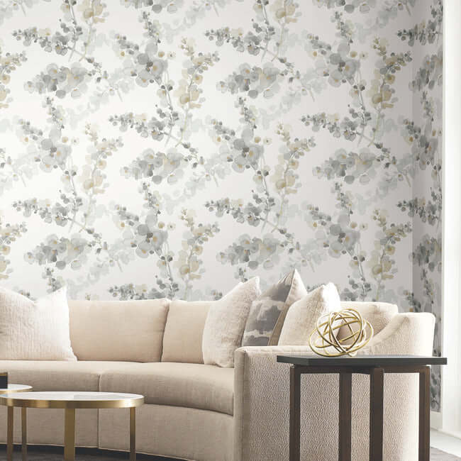 Blossom Fling floral wallpaper in Steel by Candice Olson featuring an airy watercolor garden pattern with soft gray and neutral flowers on a light background. Ideal for floral wallpaper, botanical decor, elegant interiors, statement walls, and sophisticated home design.