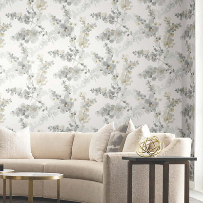 Blossom Fling floral wallpaper in Steel by Candice Olson featuring an airy watercolor garden pattern with soft gray and neutral flowers on a light background. Ideal for floral wallpaper, botanical decor, elegant interiors, statement walls, and sophisticated home design.
