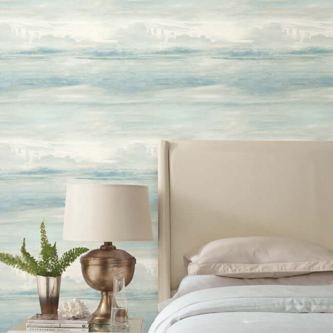 Soothing Mists Scenic wallpaper by York Wallcoverings in blue featuring a soft watercolor mist and cloudy dawn effect, creating a calm, airy, and serene atmosphere ideal for bedrooms, living rooms, and elegant feature walls.