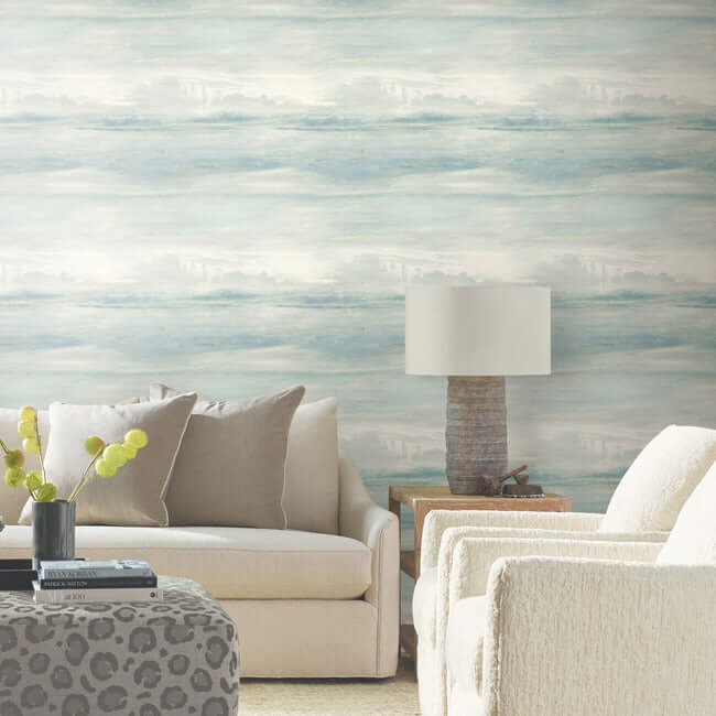 Soothing Mists Scenic wallpaper by York Wallcoverings in blue featuring a soft watercolor mist and cloudy dawn effect, creating a calm, airy, and serene atmosphere ideal for bedrooms, living rooms, and elegant feature walls.