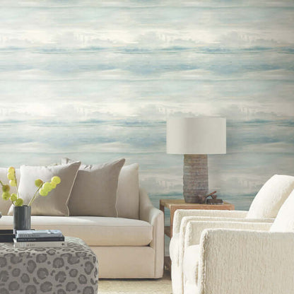 Soothing Mists Scenic wallpaper by York Wallcoverings in blue featuring a soft watercolor mist and cloudy dawn effect, creating a calm, airy, and serene atmosphere ideal for bedrooms, living rooms, and elegant feature walls.