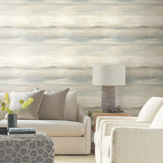 Soothing Mists Scenic Wallpaper featuring a watercolor landscape of misty blue hills and a soft cloudy sky. This serene scenic mural adds depth and tranquility to bedrooms, living rooms, offices, and coastal-inspired interiors.
