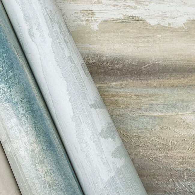 Soothing Mists Scenic Wallpaper featuring a watercolor landscape of misty blue hills and a soft cloudy sky. This serene scenic mural adds depth and tranquility to bedrooms, living rooms, offices, and coastal-inspired interiors.