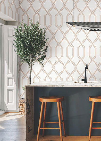 Soft coral orange on white geometric diamond/ribbon-stripe wallpaper pattern GT4554 from York Wallcoverings’ Classics collection, non-woven, washable & strippable.