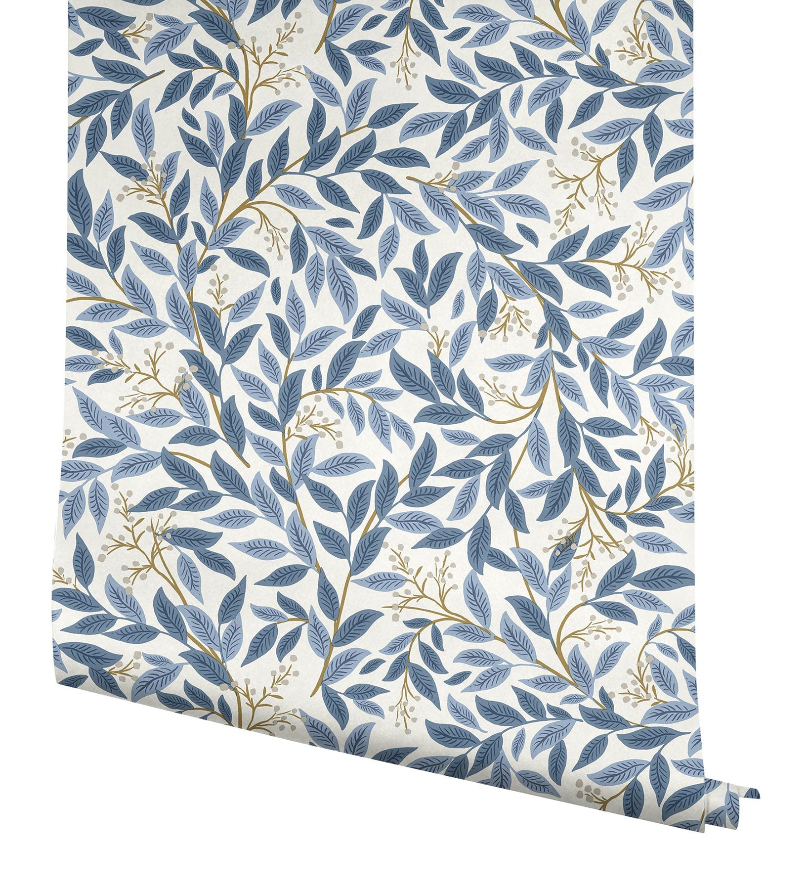 Lush vine and metallic berry floral wallpaper in blue by Rifle Paper Co, pattern RF7461 from the Third Edition, non-woven washable wallcovering.